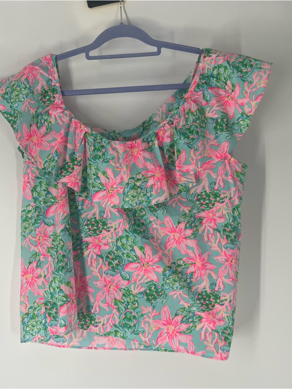 Lilly Pulitzer Zeldie One Shoulder Ruffle Top Surf Blue So Shellegant XL NWT - Picture 5 of 10
